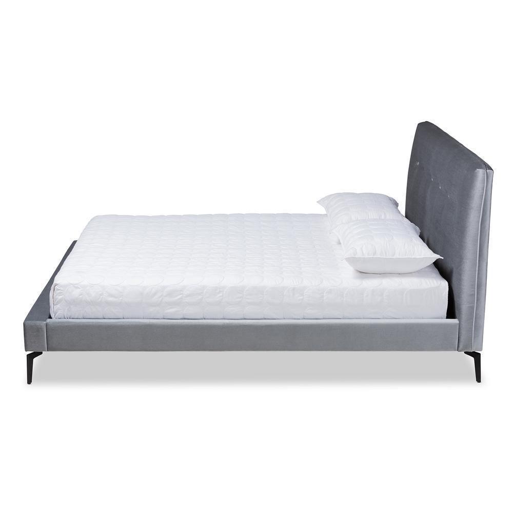 Ingrid Glam and Luxe Silver Grey Velvet Fabric Upholstered King Size Platform Bed FredCo