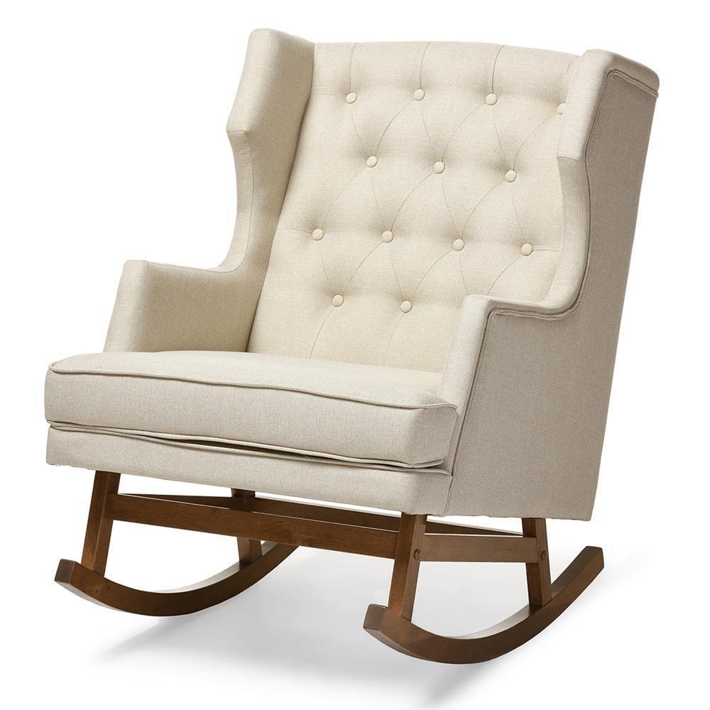 Iona Mid-century Retro Modern Light Beige Fabric Upholstered Button-tufted Wingback Rocking Chair FredCo