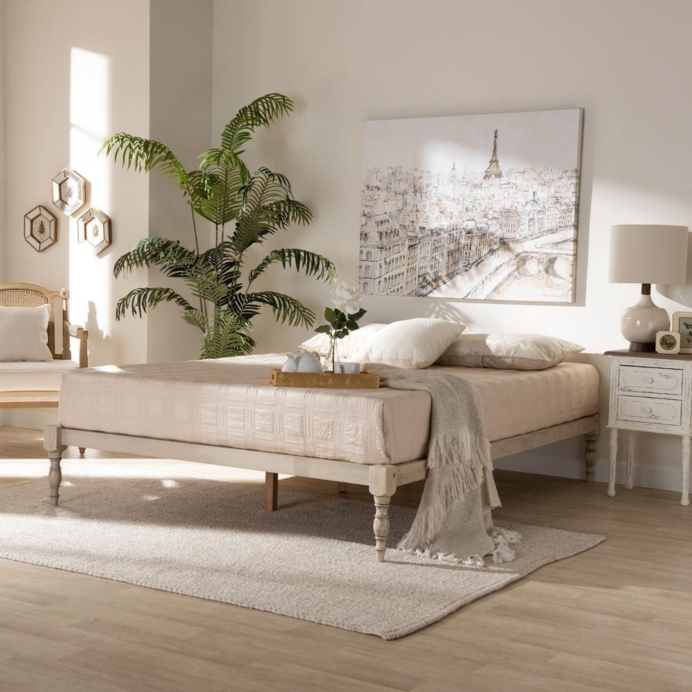Iseline Modern and Contemporary Antique White Finished Wood Queen Size Platform Bed Frame FredCo