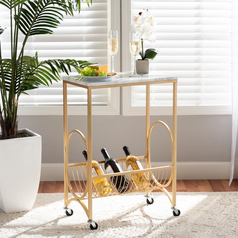 Jacek Modern and Contemporary Gold Finished Metal Wine Cart with Marble Tabletop FredCo