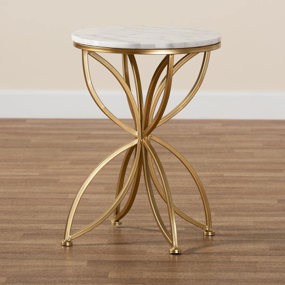 Jaclyn Modern and Contemporary Gold Finished Metal End Table with Marble Tabletop FredCo