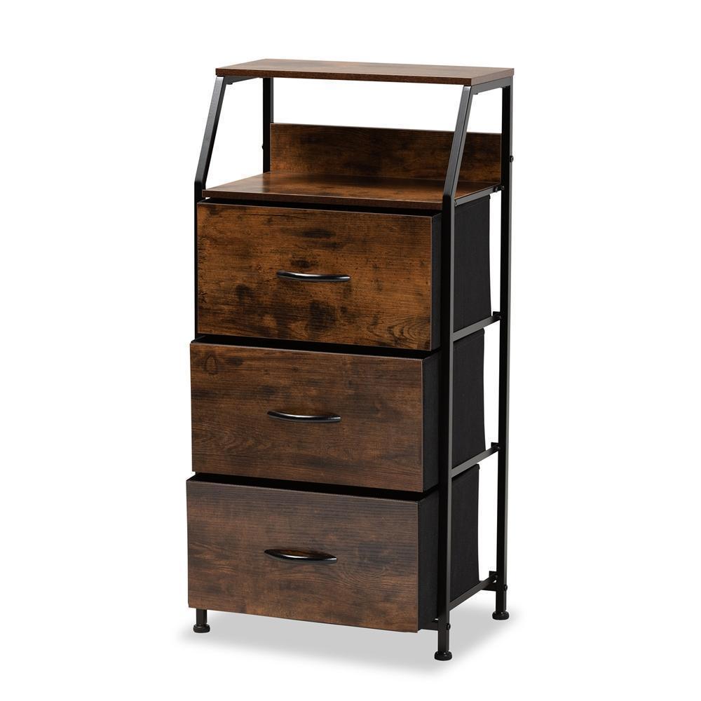 Jacop Modern Industrial Walnut Brown Finished Wood and Black Metal 3-Drawer Storage Cabinet FredCo