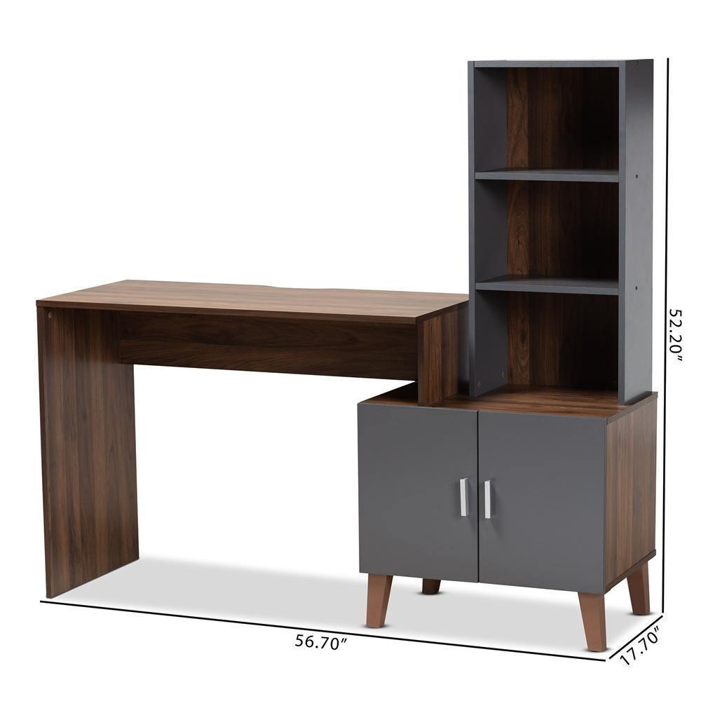 Jaeger Modern and Contemporary Two-Tone Walnut Brown and Dark Grey Finished Wood Storage Desk with Shelves FredCo