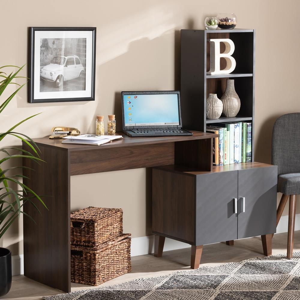 Jaeger Modern and Contemporary Two-Tone Walnut Brown and Dark Grey Finished Wood Storage Desk with Shelves FredCo