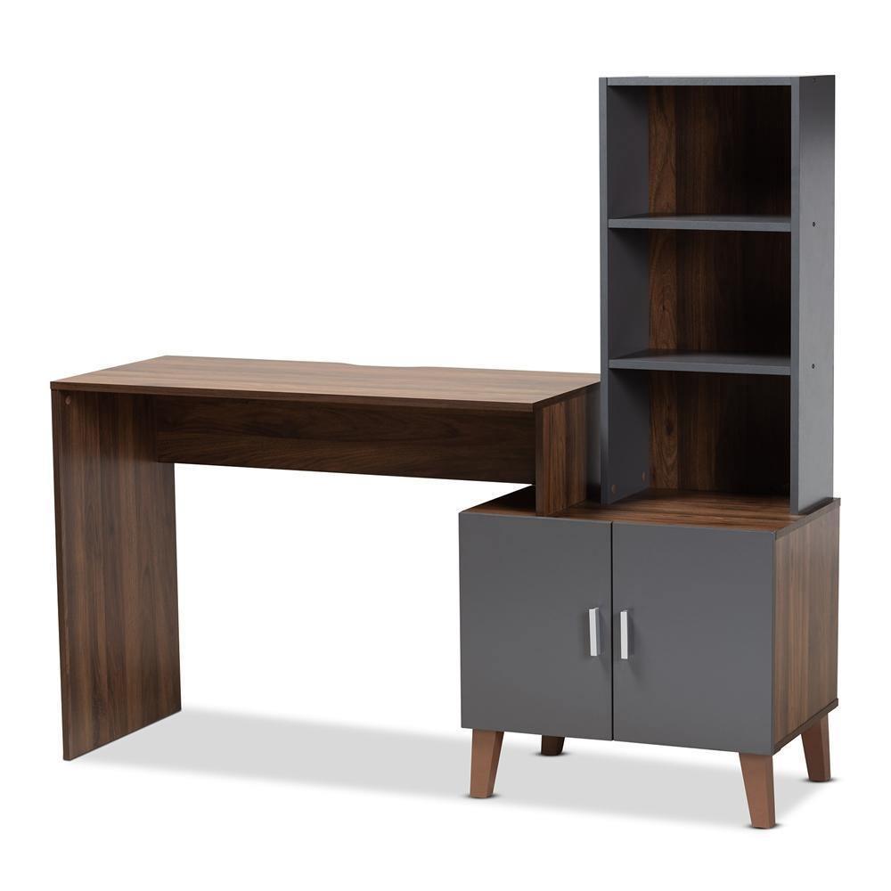 Jaeger Modern and Contemporary Two-Tone Walnut Brown and Dark Grey Finished Wood Storage Desk with Shelves FredCo
