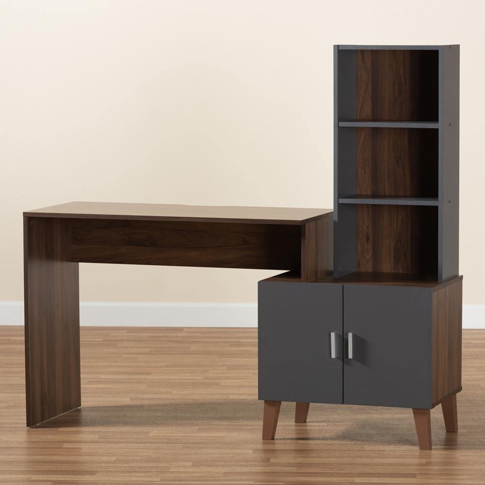 Jaeger Modern and Contemporary Two-Tone Walnut Brown and Dark Grey Finished Wood Storage Desk with Shelves FredCo