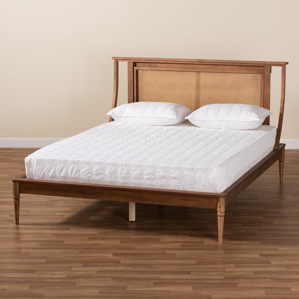 Jamila Modern Transitional Walnut Brown Finished Wood and Synthetic Rattan Queen Size Platform Bed FredCo