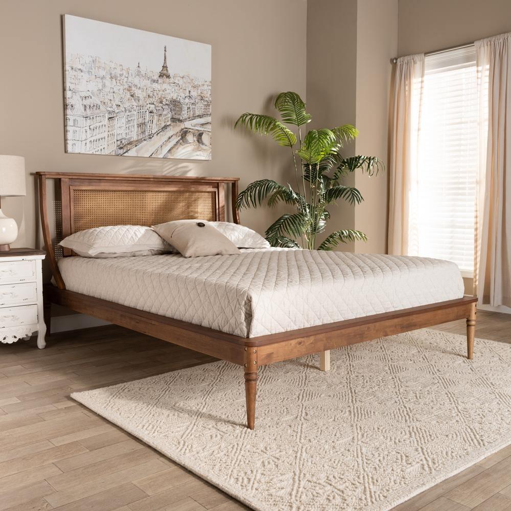 Jamila Modern Transitional Walnut Brown Finished Wood and Synthetic Rattan Queen Size Platform Bed FredCo