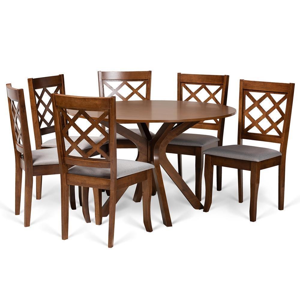 Jana Modern and Contemporary Grey Fabric Upholstered and Walnut Brown Finished Wood 7-Piece Dining Set FredCo