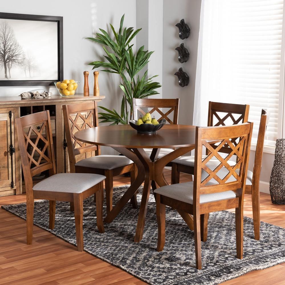 Jana Modern and Contemporary Grey Fabric Upholstered and Walnut Brown Finished Wood 7-Piece Dining Set FredCo