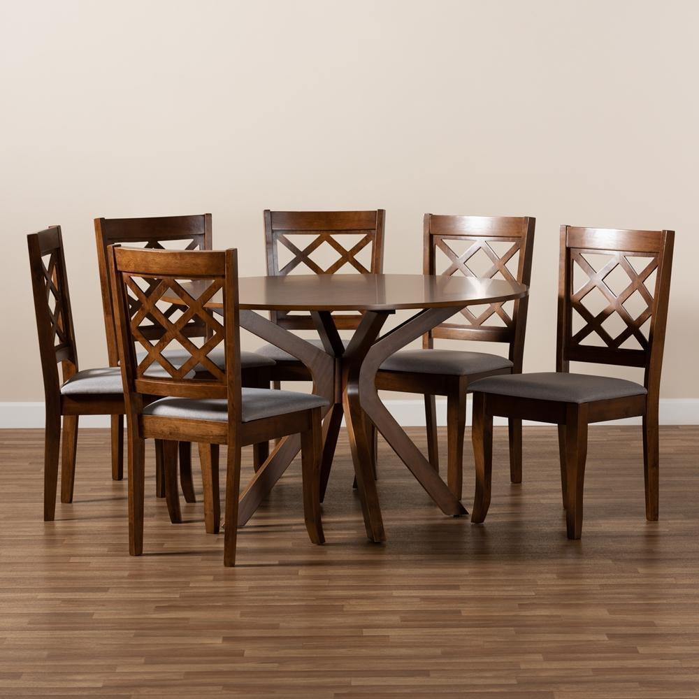Jana Modern and Contemporary Grey Fabric Upholstered and Walnut Brown Finished Wood 7-Piece Dining Set FredCo