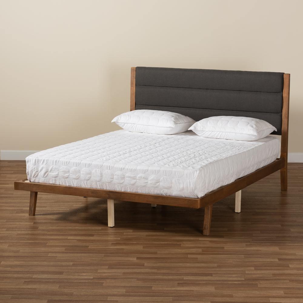 Jarlan Modern and Contemporary Transitional Charcoal Fabric Upholstered and Walnut Brown Finished Wood King Size Platform Bed FredCo