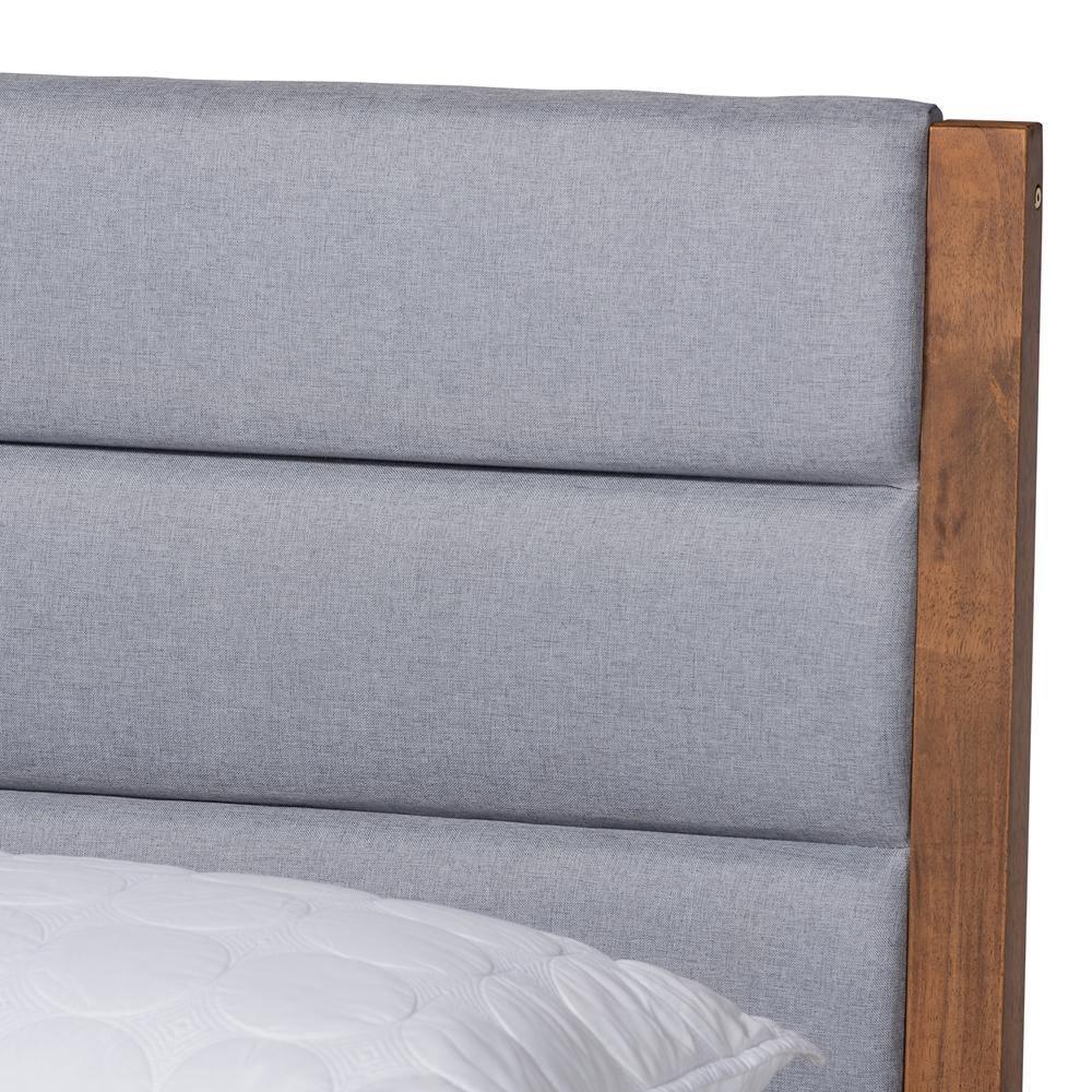 Jarlan Modern and Contemporary Transitional Grey Fabric Upholstered and Walnut Brown Finished Wood Full Size Platform Bed FredCo
