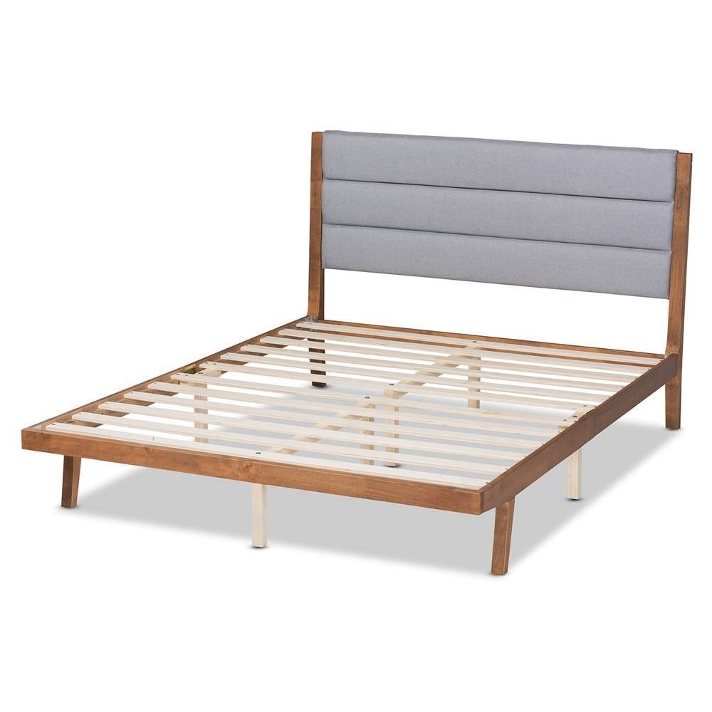 Jarlan Modern and Contemporary Transitional Grey Fabric Upholstered and Walnut Brown Finished Wood King Size Platform Bed FredCo