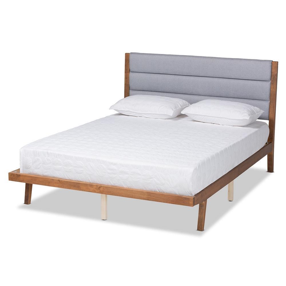 Jarlan Modern and Contemporary Transitional Grey Fabric Upholstered and Walnut Brown Finished Wood King Size Platform Bed FredCo