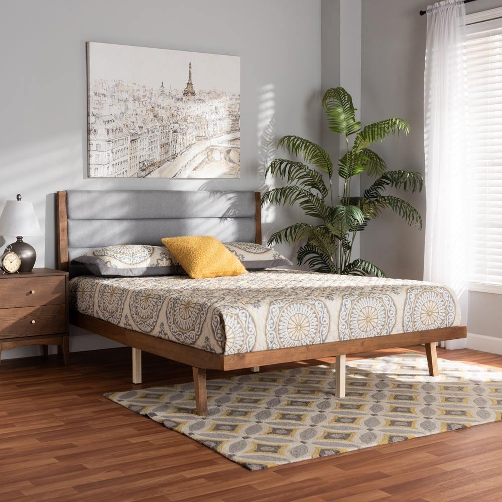 Jarlan Modern and Contemporary Transitional Grey Fabric Upholstered and Walnut Brown Finished Wood Queen Size Platform Bed FredCo