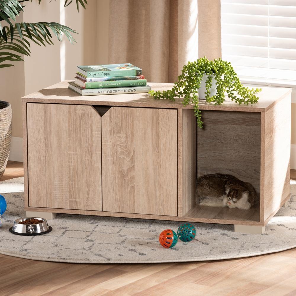 Jasper Modern and Contemporary Oak Finished 2-Door Wood Cat Litter Box Cover House FredCo