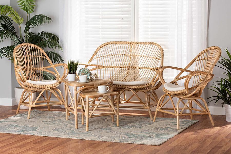 Jayden Modern Bohemian White Fabric Upholstered and Natural Brown Finished Rattan 5-Piece Living Room Set FredCo