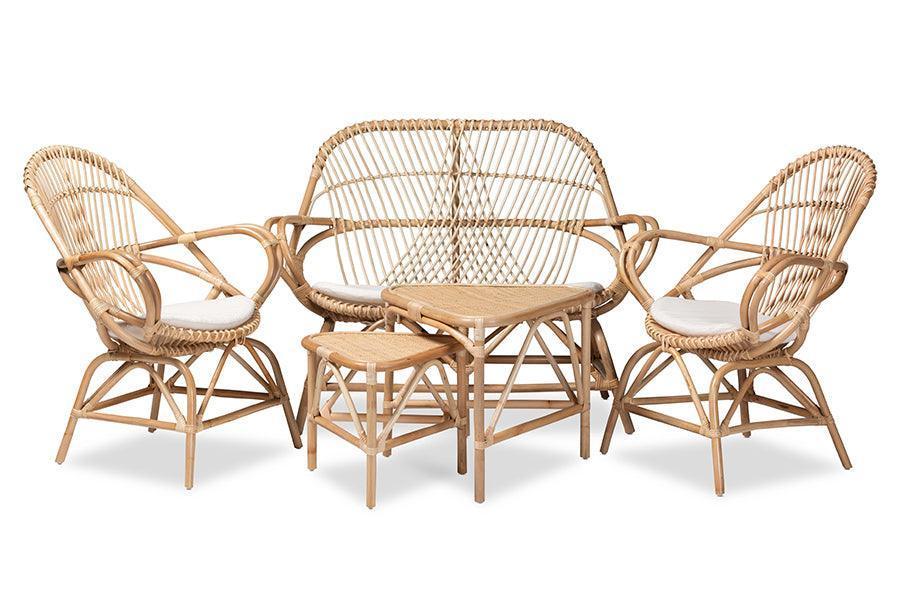 Jayden Modern Bohemian White Fabric Upholstered and Natural Brown Finished Rattan 5-Piece Living Room Set FredCo