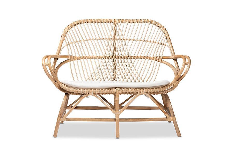 Jayden Modern Bohemian White Fabric Upholstered and Natural Brown Finished Rattan Loveseat FredCo