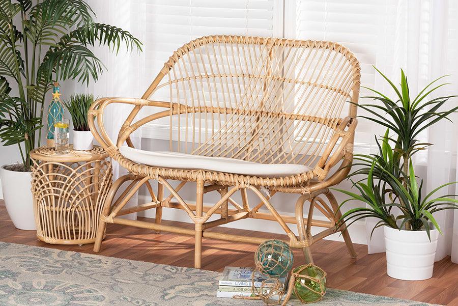 Jayden Modern Bohemian White Fabric Upholstered and Natural Brown Finished Rattan Loveseat FredCo