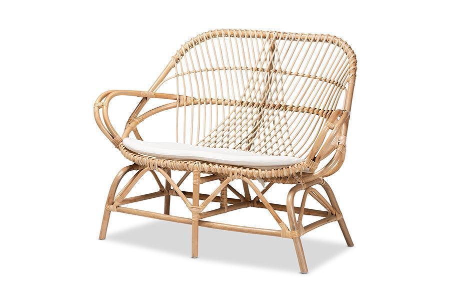 Jayden Modern Bohemian White Fabric Upholstered and Natural Brown Finished Rattan Loveseat FredCo