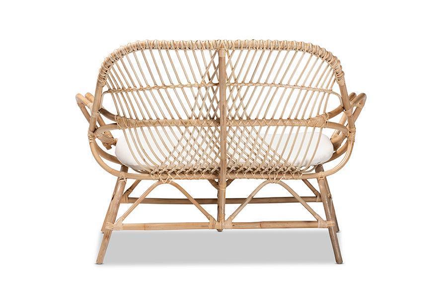 Jayden Modern Bohemian White Fabric Upholstered and Natural Brown Finished Rattan Loveseat FredCo