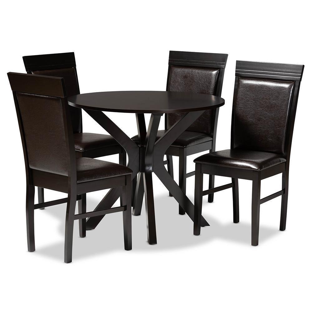 Jeane Modern and Contemporary Dark Brown Faux Leather Upholstered and Dark Brown Finished Wood 5-Piece Dining Set FredCo