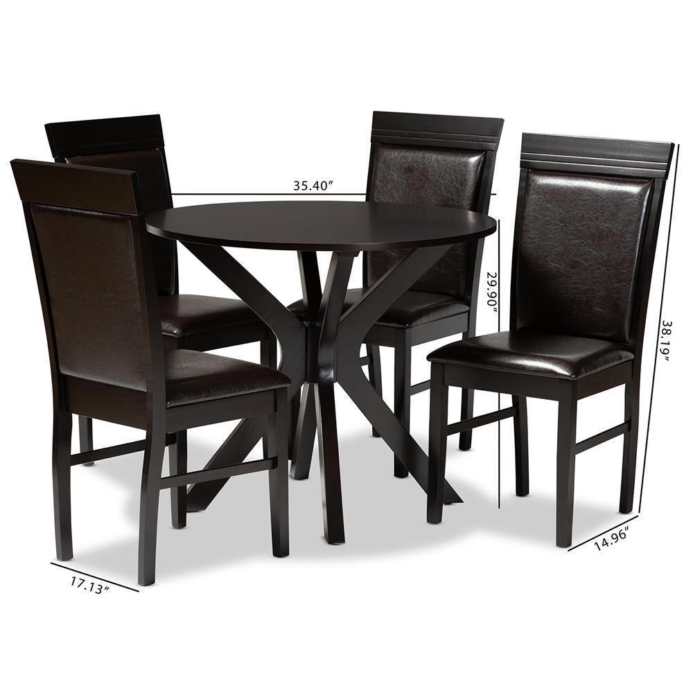Jeane Modern and Contemporary Dark Brown Faux Leather Upholstered and Dark Brown Finished Wood 5-Piece Dining Set FredCo