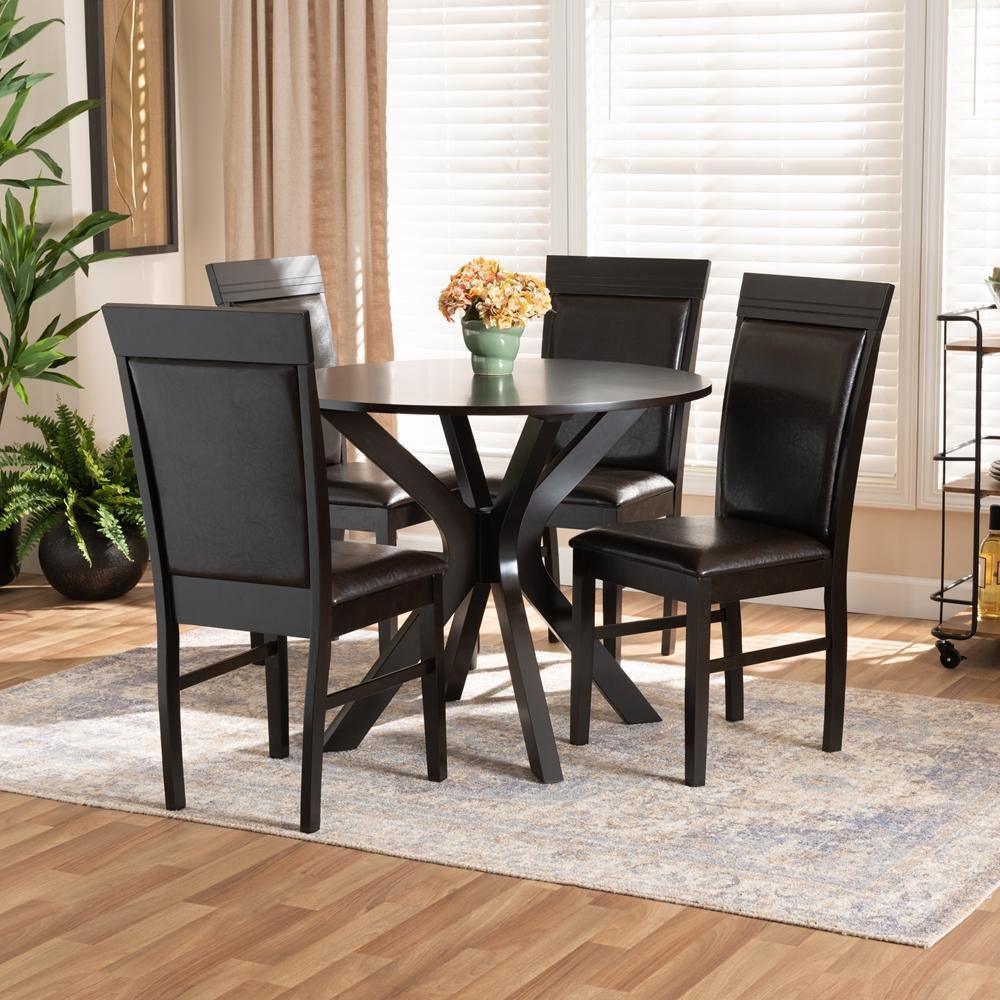 Jeane Modern and Contemporary Dark Brown Faux Leather Upholstered and Dark Brown Finished Wood 5-Piece Dining Set FredCo