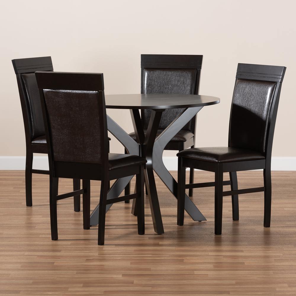 Jeane Modern and Contemporary Dark Brown Faux Leather Upholstered and Dark Brown Finished Wood 5-Piece Dining Set FredCo