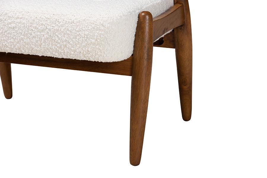 Jeanine Japandi Cream Boucle Fabric and Walnut Brown Finished Rubberwood Ottoman Footstool FredCo