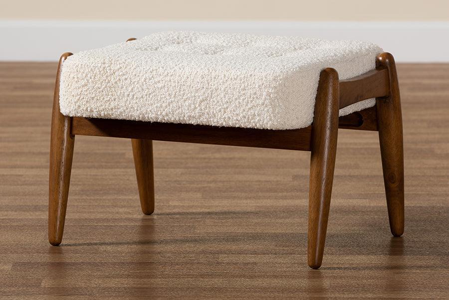 Jeanine Japandi Cream Boucle Fabric and Walnut Brown Finished Rubberwood Ottoman Footstool FredCo