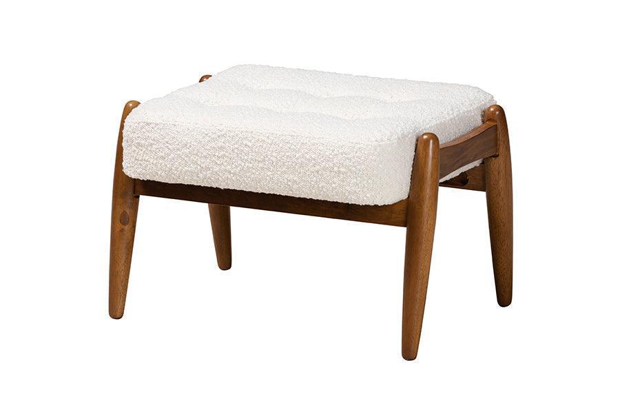 Jeanine Japandi Cream Boucle Fabric and Walnut Brown Finished Rubberwood Ottoman Footstool FredCo