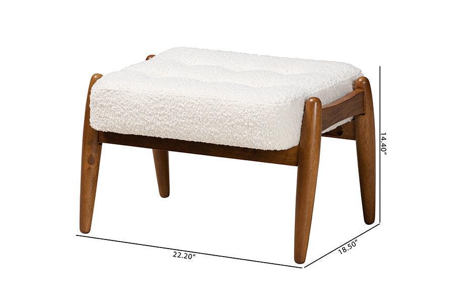 Jeanine Japandi Cream Boucle Fabric and Walnut Brown Finished Rubberwood Ottoman Footstool FredCo