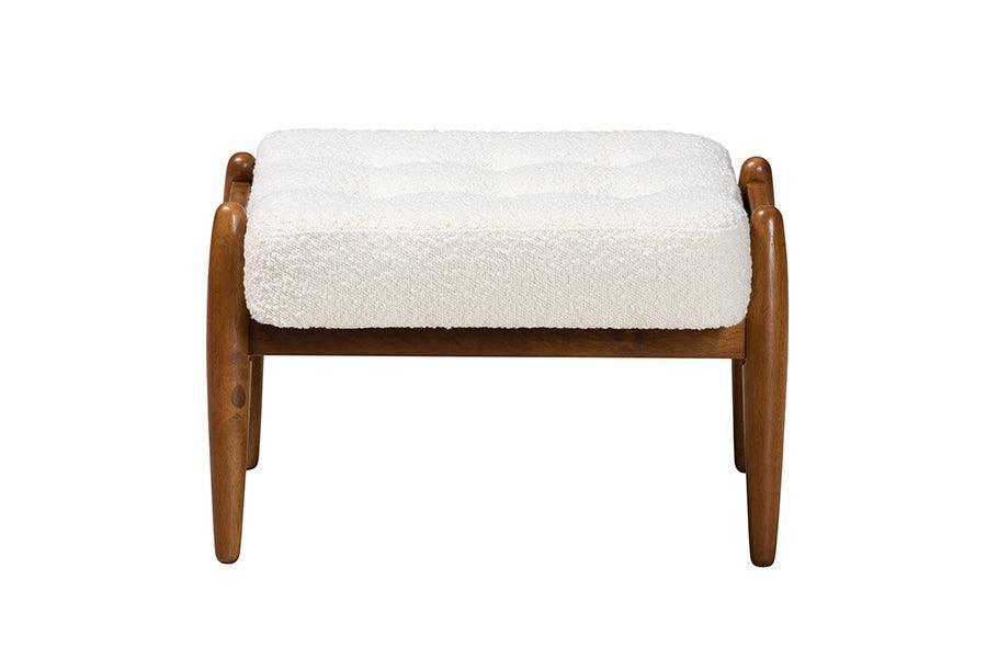 Jeanine Japandi Cream Boucle Fabric and Walnut Brown Finished Rubberwood Ottoman Footstool FredCo
