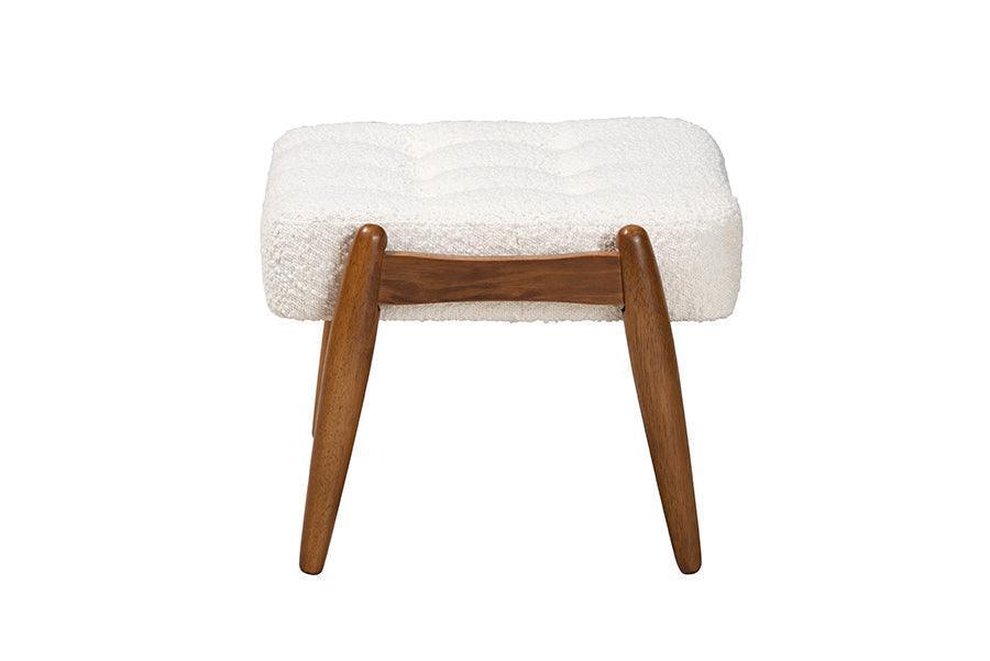 Jeanine Japandi Cream Boucle Fabric and Walnut Brown Finished Rubberwood Ottoman Footstool FredCo