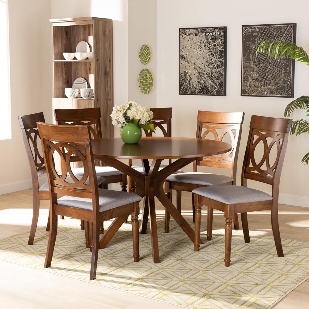 Jessie Modern and Contemporary Grey Fabric Upholstered and Walnut Brown Finished Wood 7-Piece Dining Set FredCo