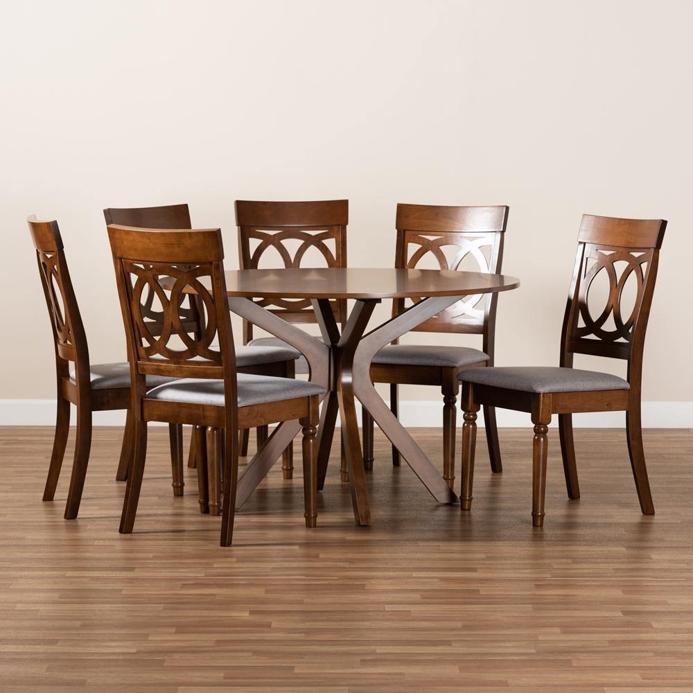 Jessie Modern and Contemporary Grey Fabric Upholstered and Walnut Brown Finished Wood 7-Piece Dining Set FredCo