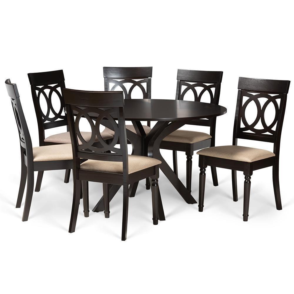 Jessie Modern and Contemporary Sand Fabric Upholstered and Dark Brown Finished Wood 7-Piece Dining Set FredCo