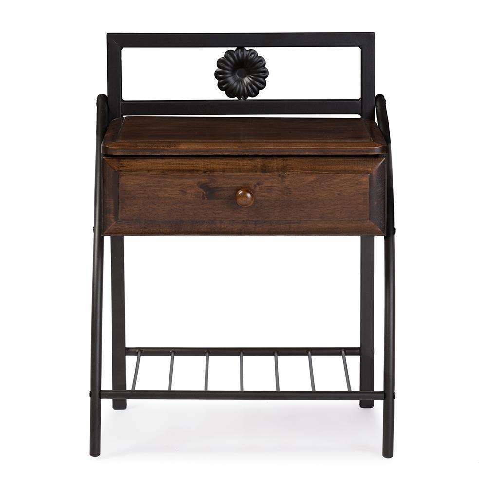 Jevenci Vintage Antique Dark Bronze Metal and Walnut Wood 1-drawer Nightstand FredCo