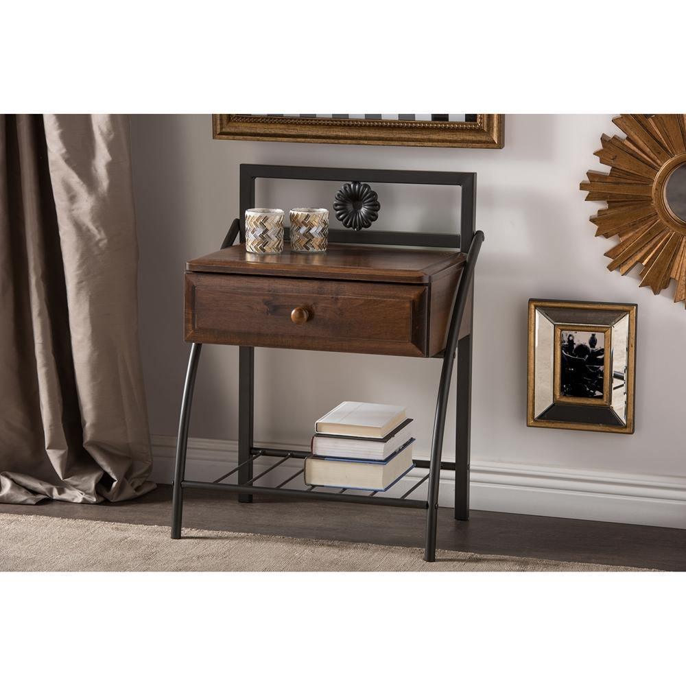 Jevenci Vintage Antique Dark Bronze Metal and Walnut Wood 1-drawer Nightstand FredCo