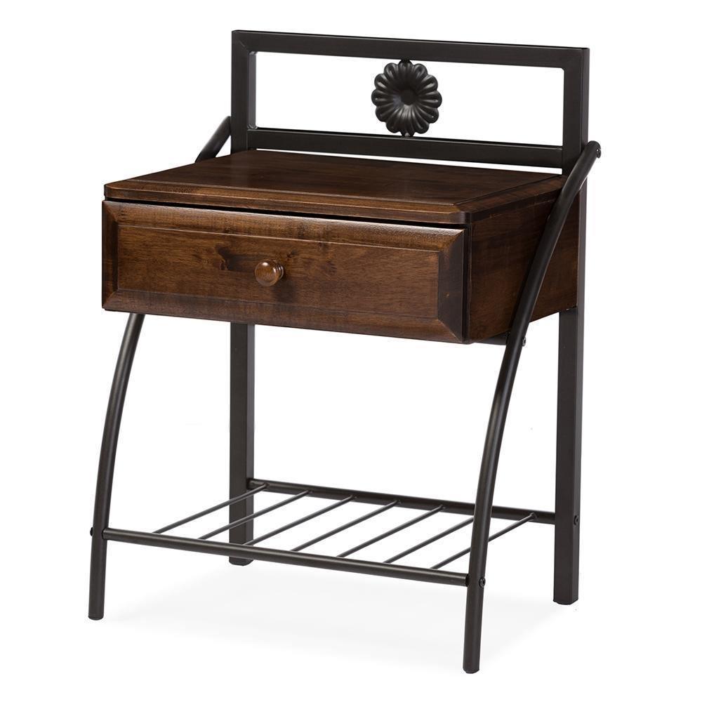 Jevenci Vintage Antique Dark Bronze Metal and Walnut Wood 1-drawer Nightstand FredCo