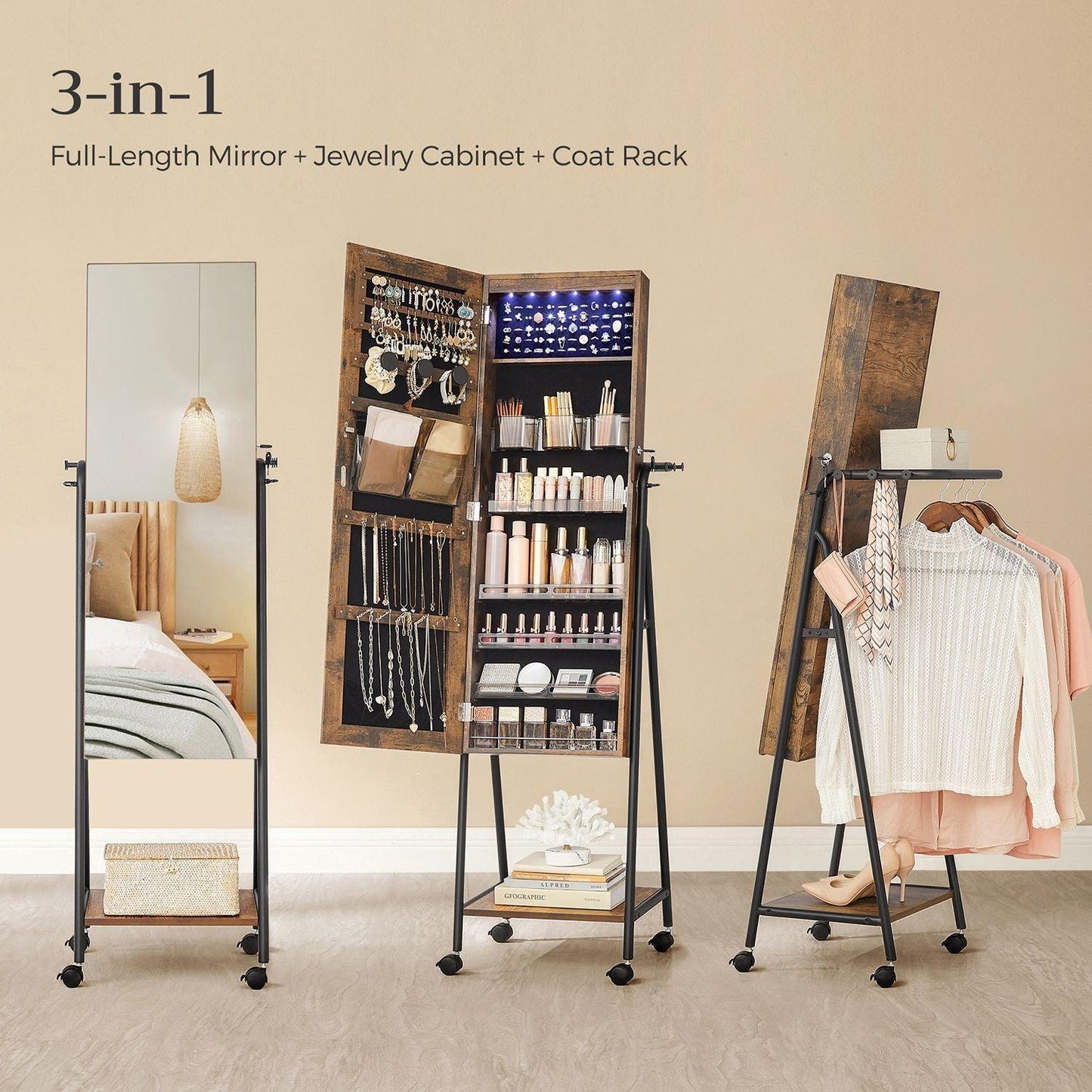 Jewelry Armoire with Mirror, 6 Led Rustic Brown FredCo