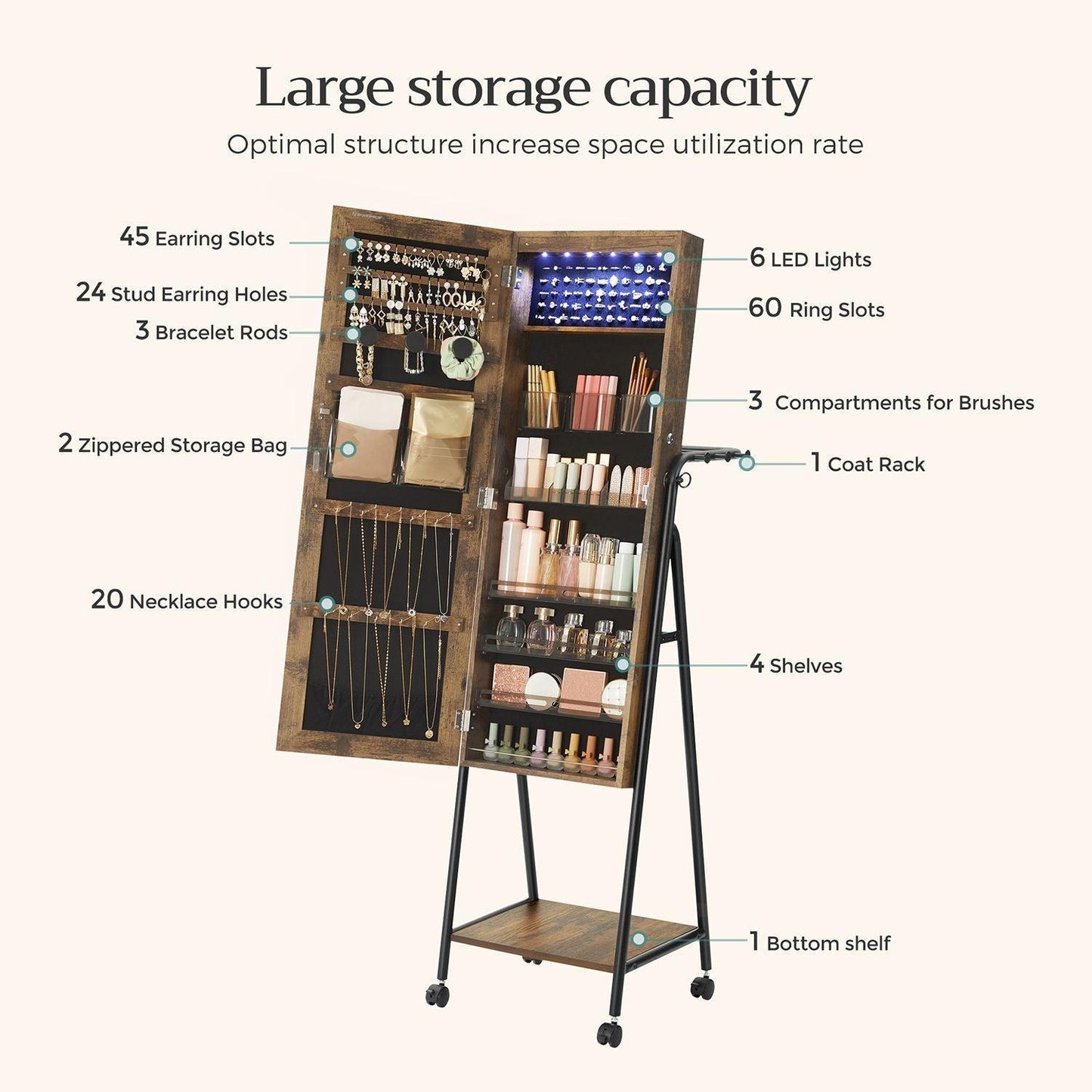 Jewelry Armoire with Mirror, 6 Led Rustic Brown FredCo