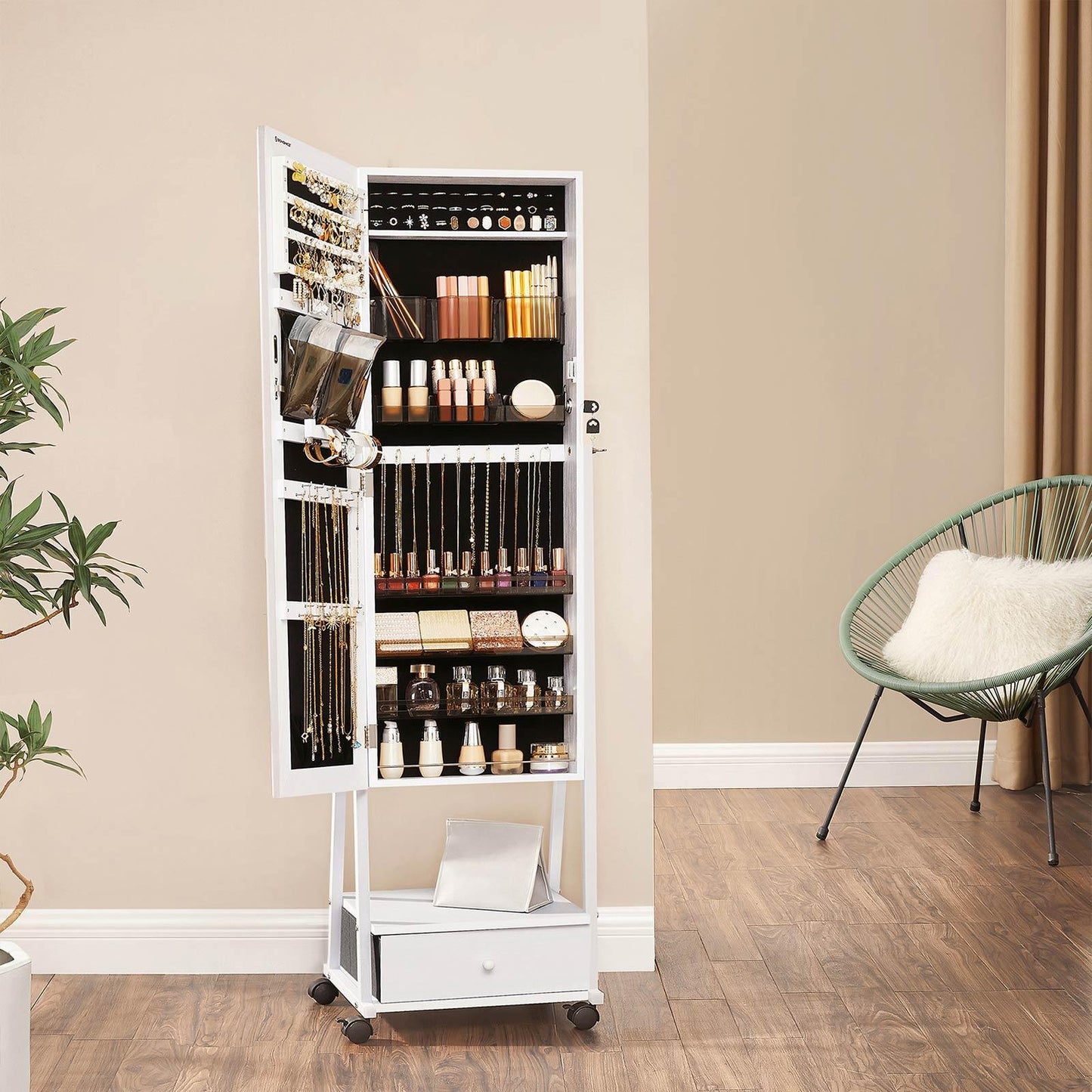 Jewelry Cabinet Floor Standing Distressed White 60" FredCo