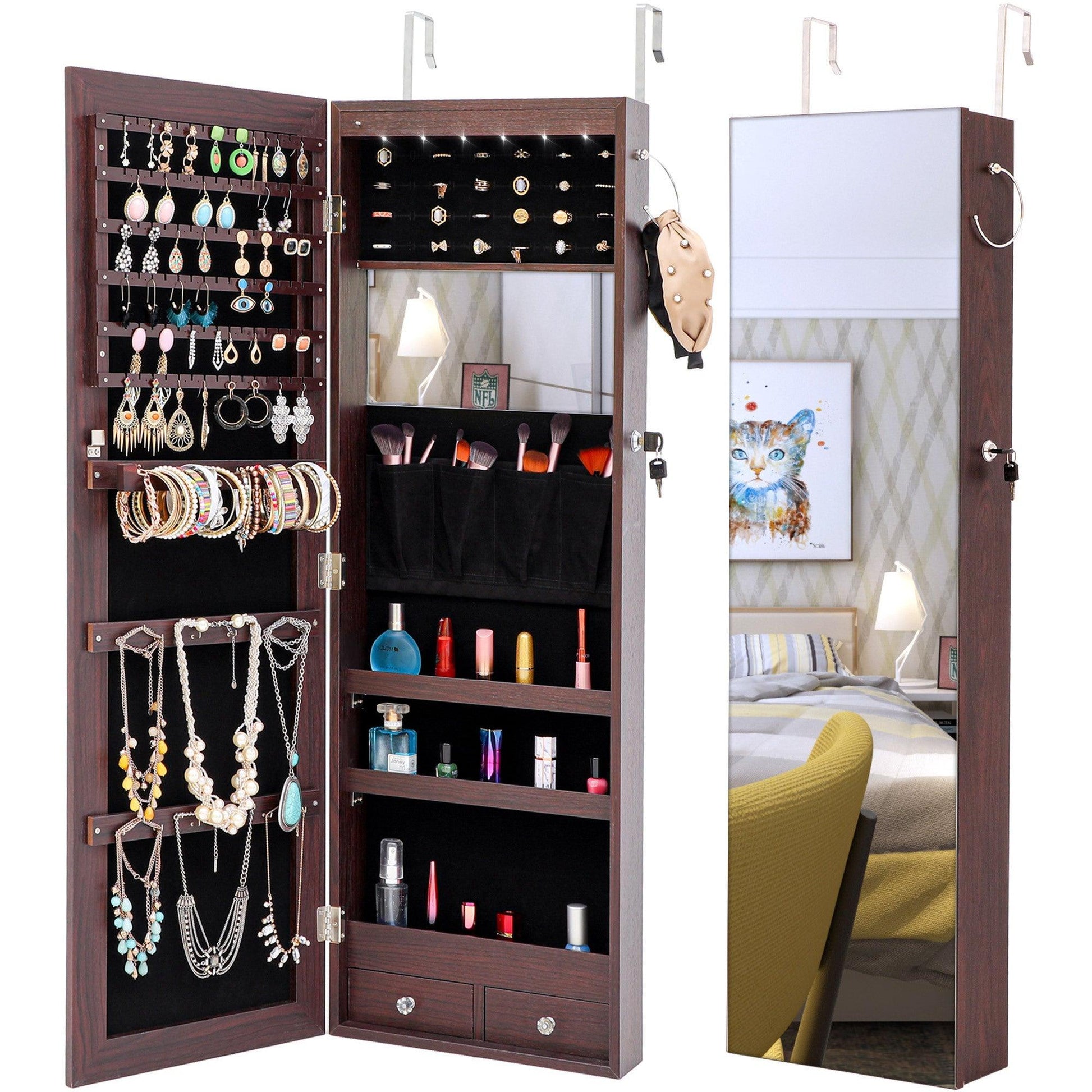 Jewelry Storage Mirror Cabinet With LED Lights, Door Or Wall Mount Brown FredCo