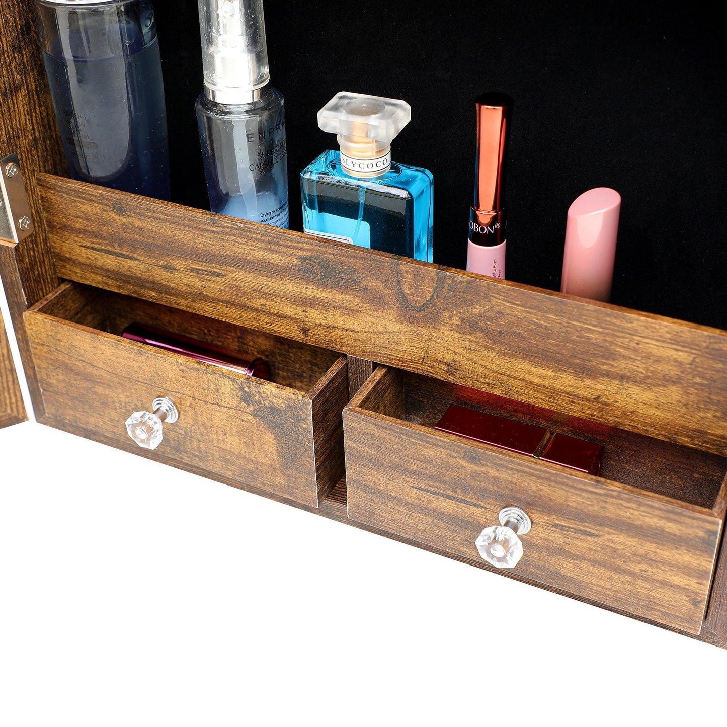 Jewelry Storage Mirror Cabinet With LED Lights, Mount On The Door Or Wall, Rustic Brown FredCo