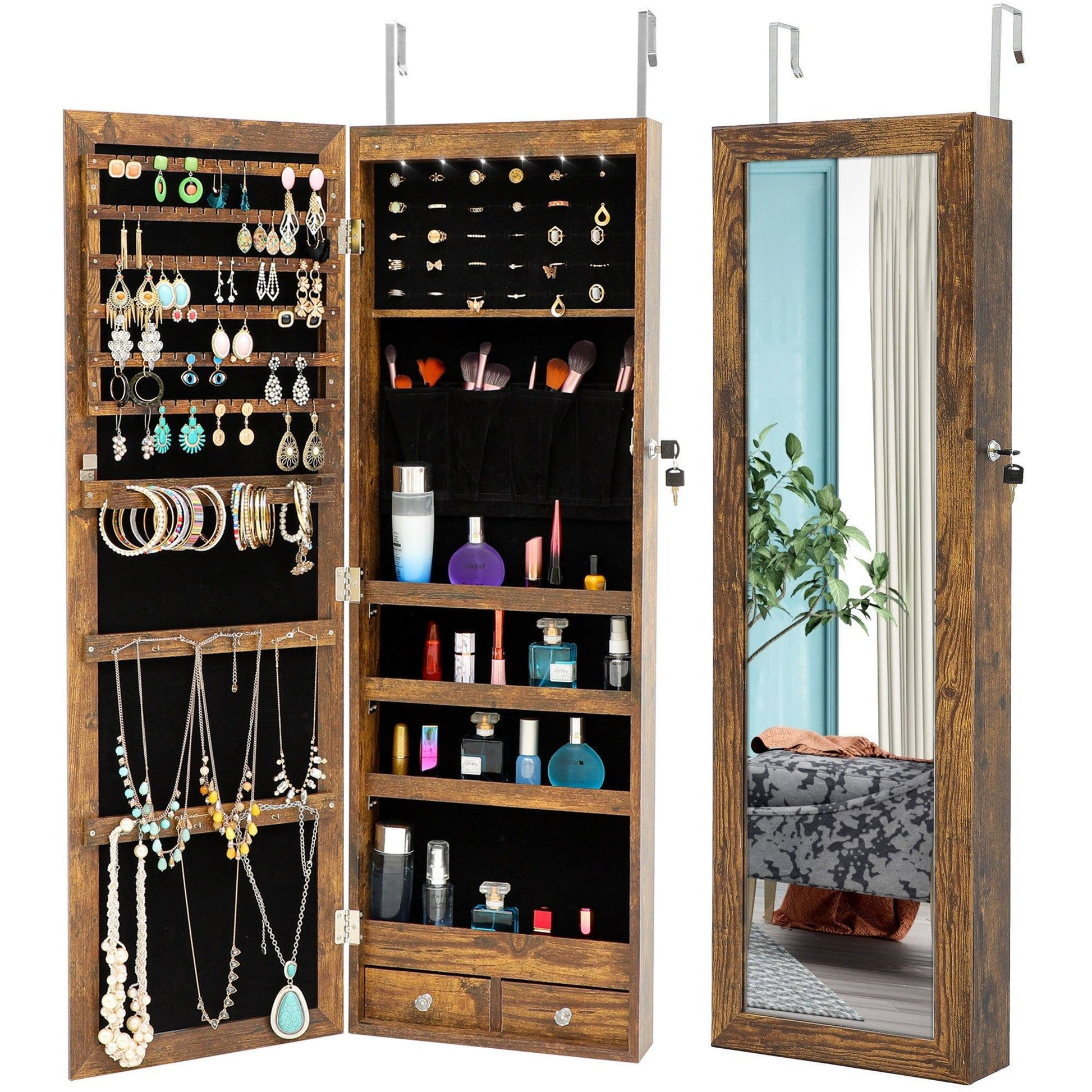 Jewelry Storage Mirror Cabinet With LED Lights, Mount On The Door Or Wall, Rustic Brown FredCo