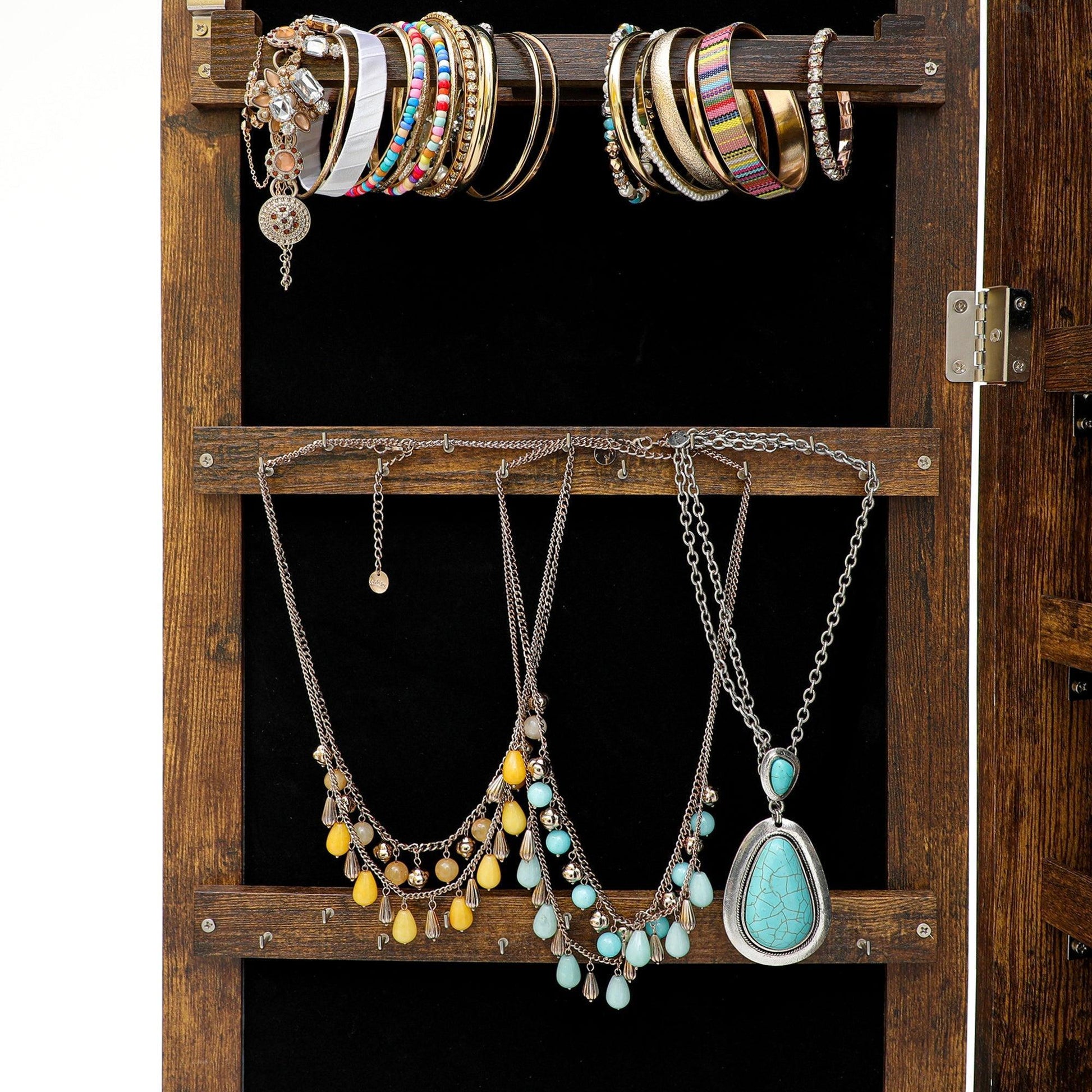 Jewelry Storage Mirror Cabinet With LED Lights, Mount On The Door Or Wall, Rustic Brown FredCo
